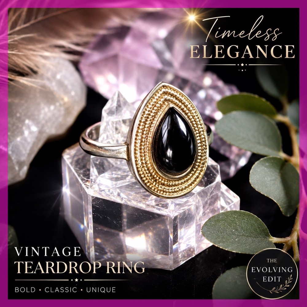 Black Teardrop Cabochon Statement Ring Boho Etruscan Revival Gold Tone 7.5